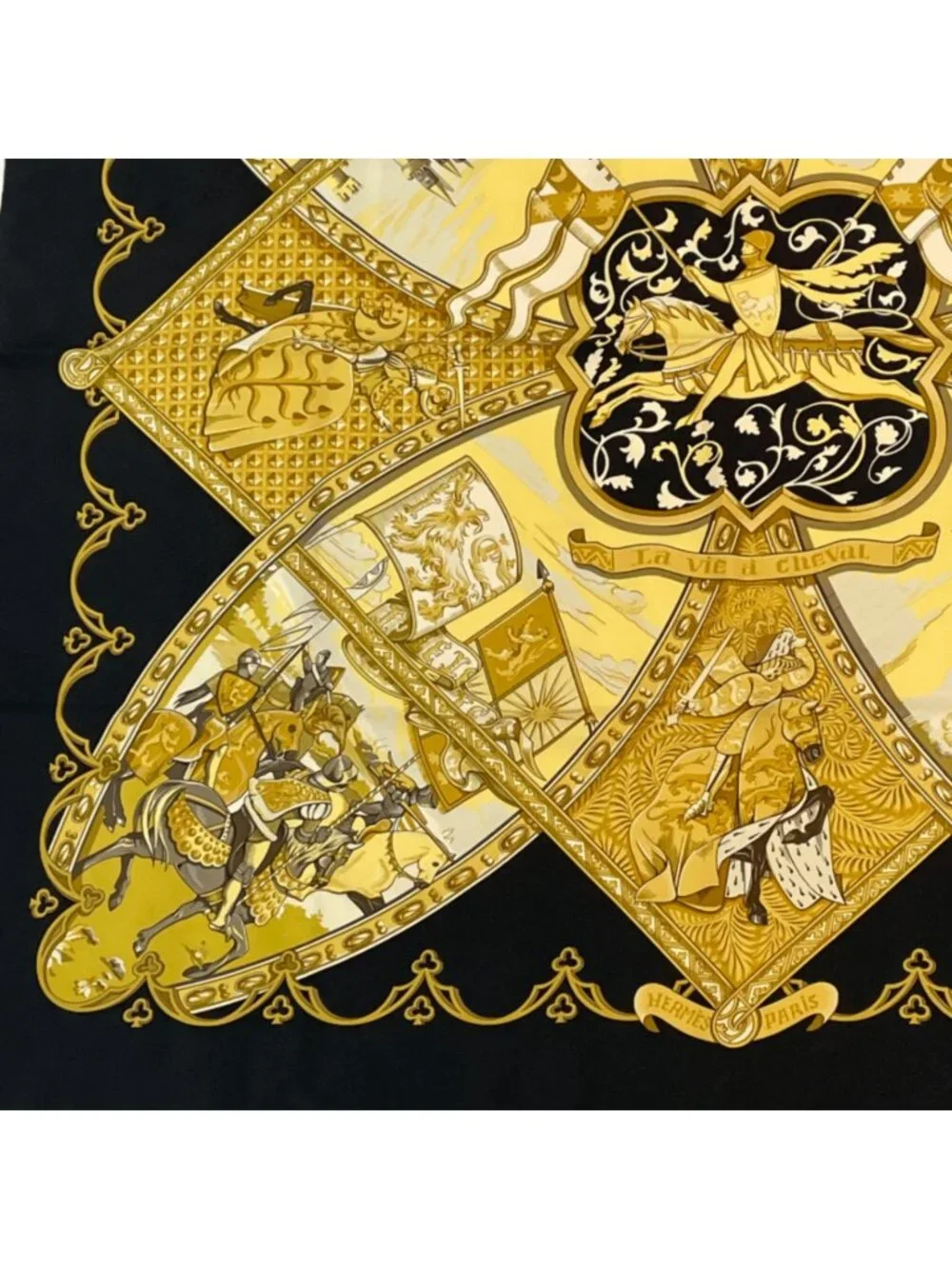 ★SOLD★ Hermes Scarf Carre 90 Scene with Horses la Vie a Cheval Gold Black - Picture 4 of 7